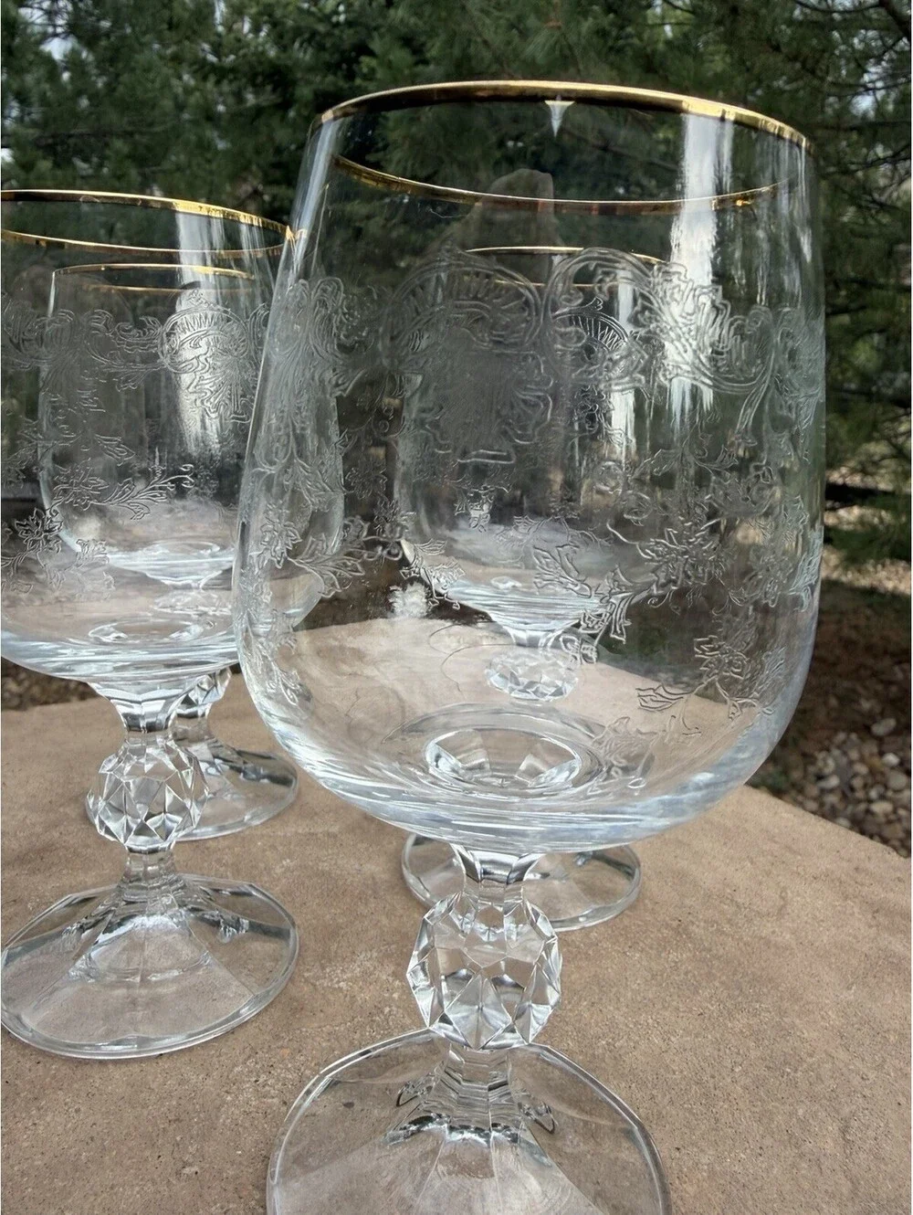 Set Of 5 VTG Bohemia Crystal Cascade 6.5” Etched Ball Stem Goblets Made in Czech